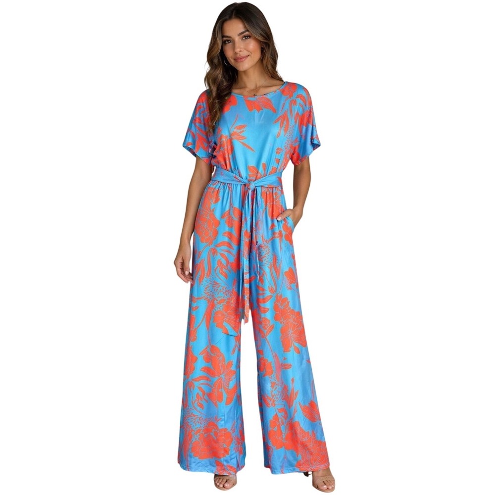 ChicMe Floral Jumpsuit Size L Blue Orange Wide Leg Tropical Boho Summer Vacation